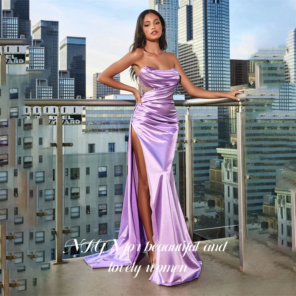 

NFYN Purple Long Elegant Prom Dresses Strapless Sleeveless Party Night Dresses Pleated Evening Gown with Side Split Customized
