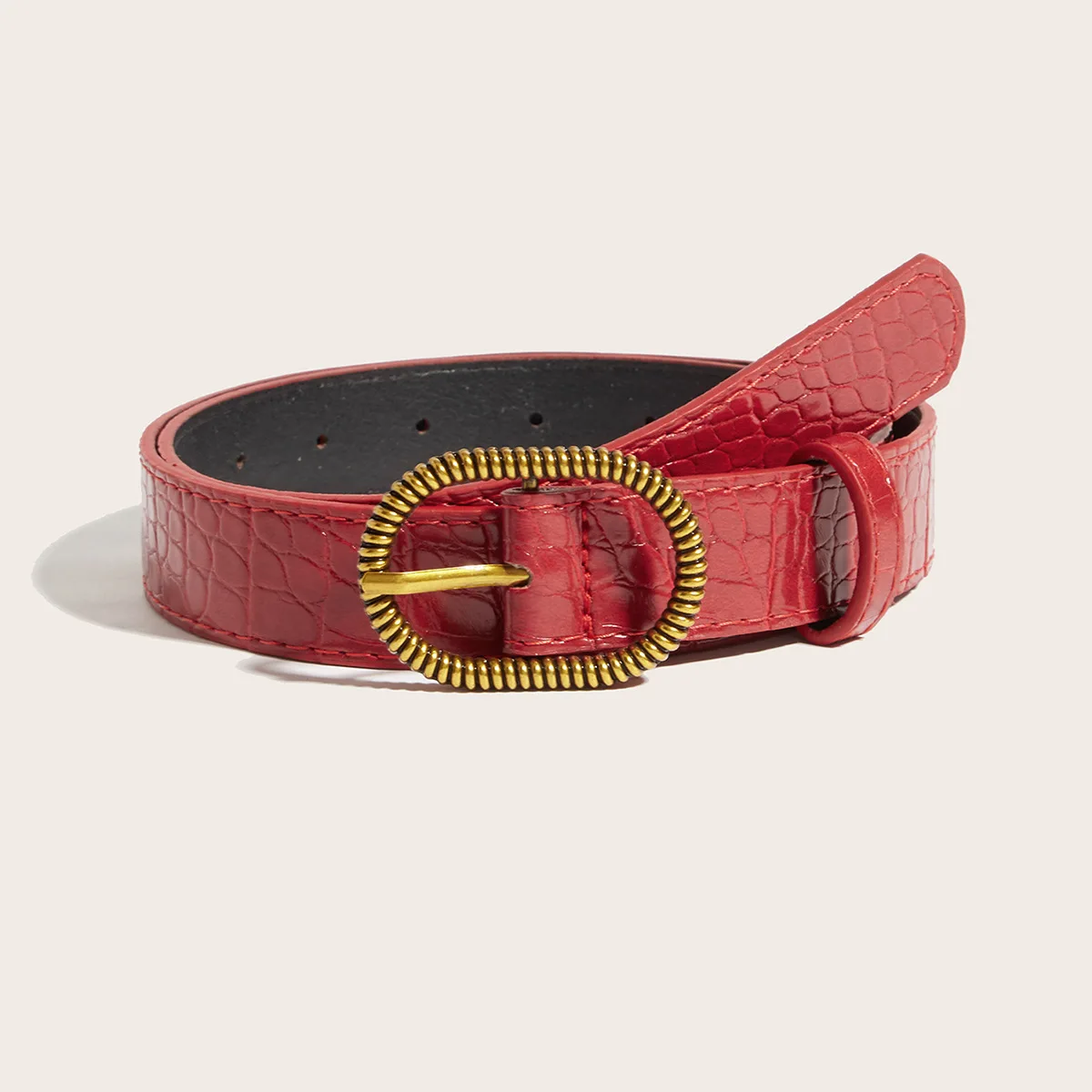2025 Luxury Retro Gold-Tone Metal Buckle Burgundy Crocodile Embossed Leather Belt, Versatile For Daily Wear