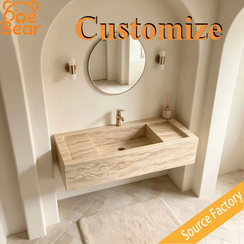 Wabi Sabi Travertine Floating Bathroom Vanity Natural Grain Wall Mounted Sink Multi Stone Choice Home Bath Wash Basin Furniture
