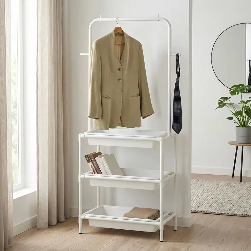 Modern Freestanding Hanger with 3 Shelves and Hooks, White Plastic, Minimalist Design, Suitable for Bedroom Storage
