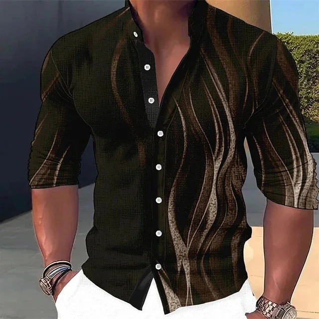 Camisa de manga comprida personalizada masculina, Street Wear, gola em pé, estampada 3D, top solto, elegante, MB1