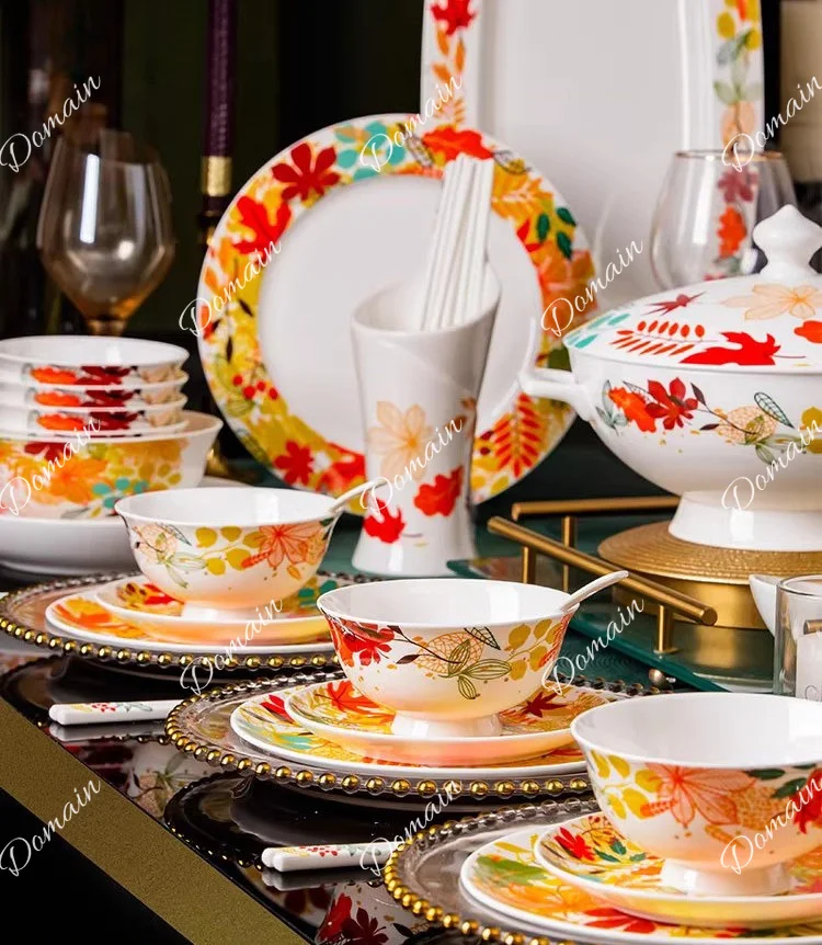 Bowl household new Jingdezhen light luxury bone china tableware set Dish set Household housewarming new home bowl