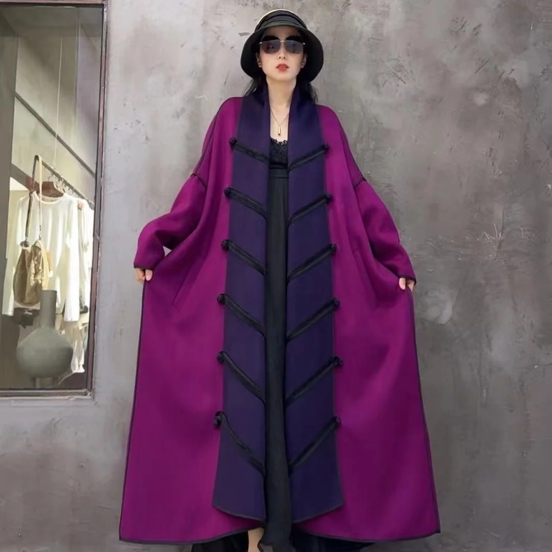 Vefadisa 2024 Autumn New Purple Disc Buckle Design Women Trench Coat V-neck Long Sleeve Long Coat Temperament Loose Coat ZXY77A