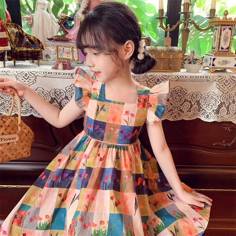 Humor Bear Girls\' Summer New Korean Checkered Countryside Floral Flying Sleeve Tank Skirt Vestidos Casual Outfit 2-6Y