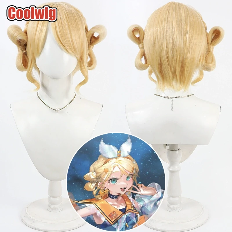 coolwig-人工毛鏡音リコスプレウィッグバンズ魔法の未来鏡音リ-30-センチメートル女性ショートブロンドかつら耐熱