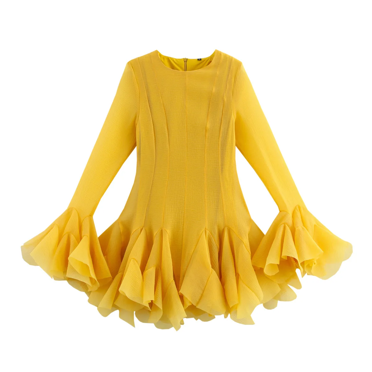 AW Women's Elegant Summer Multi-Layered Ruffled Hem Mini Dresses Lady Sweet French Style Long Flare Sleeve Slim Fit Puffy Robe