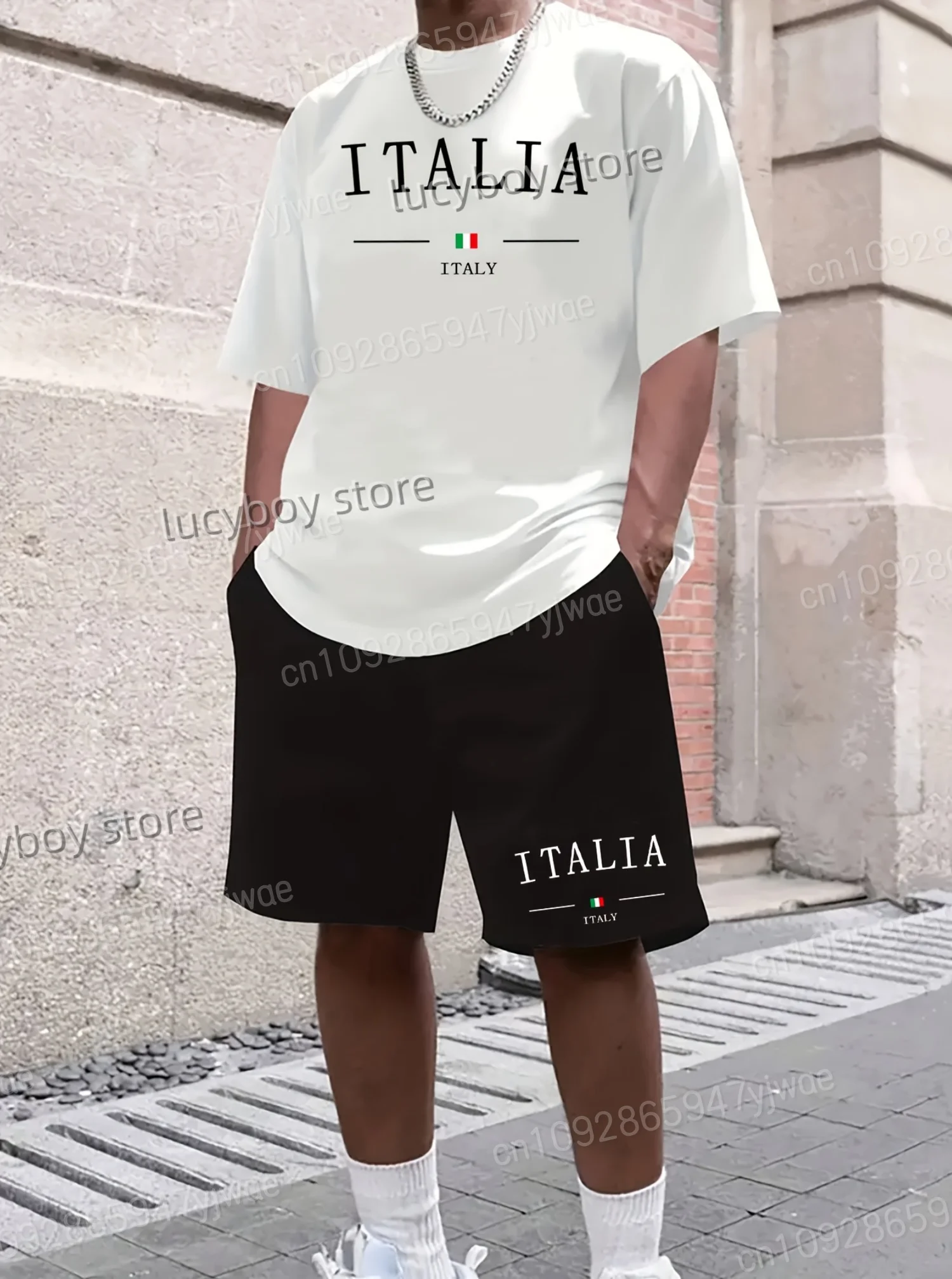

2025 Summer Men's Casual Short Sleeve T-Shirt Shorts Set Adult Letters Italia Print Jogging 2 Piece Set Men Clothing