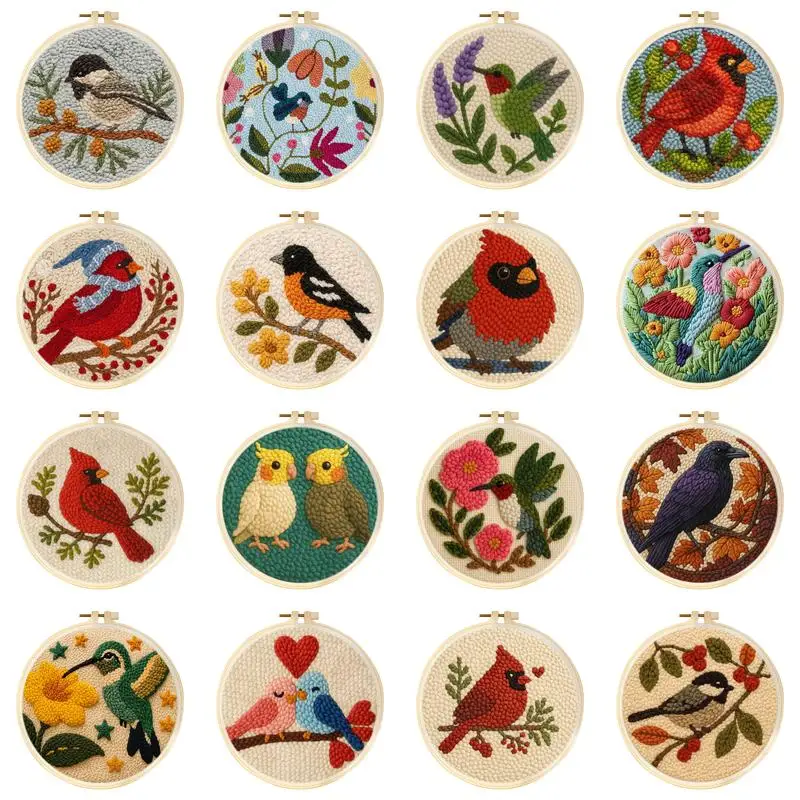 Funny Diy Punch Needle Embroidery Starter Kits For Beginner Cute Bird Animals Poking Embroidery Needlework Set Yarn Painting Ar