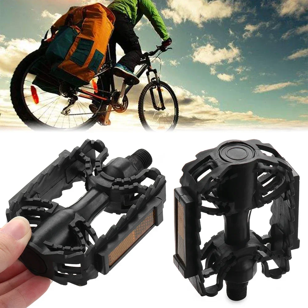 1 Pair 12mm/14mm Black Plastic Bicycle Pedals with Reflective Panels MTB Road Bike Flats Platform Pedal Cycling Accessories