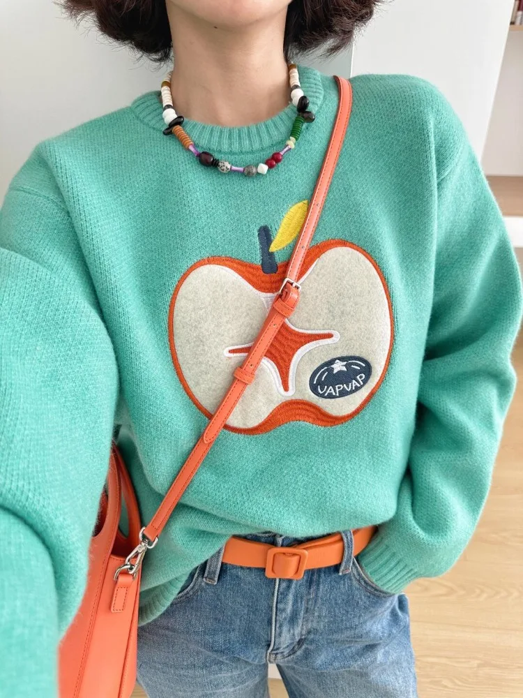 Pullovers Women Apple Embroidery Knitted Korean Style Ins Loose O-neck College Young Girls Streetwear Personality Autumn Winter