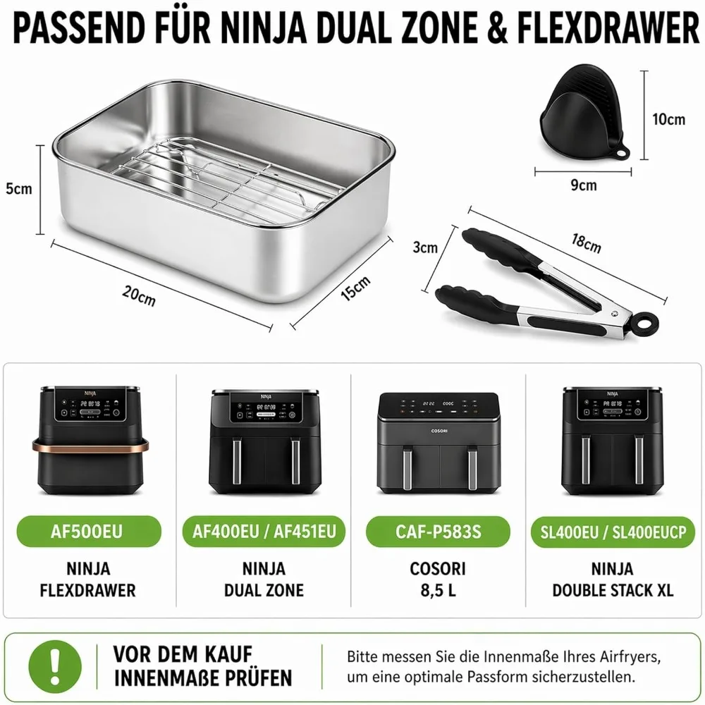 6-teiliges Heißluftfritteusen-Zubehörset, Backformen aus Edelstahl 304, Abtropfgestelle, Silikonhandschuhe, Greifer, kompatibel mit Dual-Zone-Heißluftfritteusen, Innenmaße über 20×15 cm, passend für