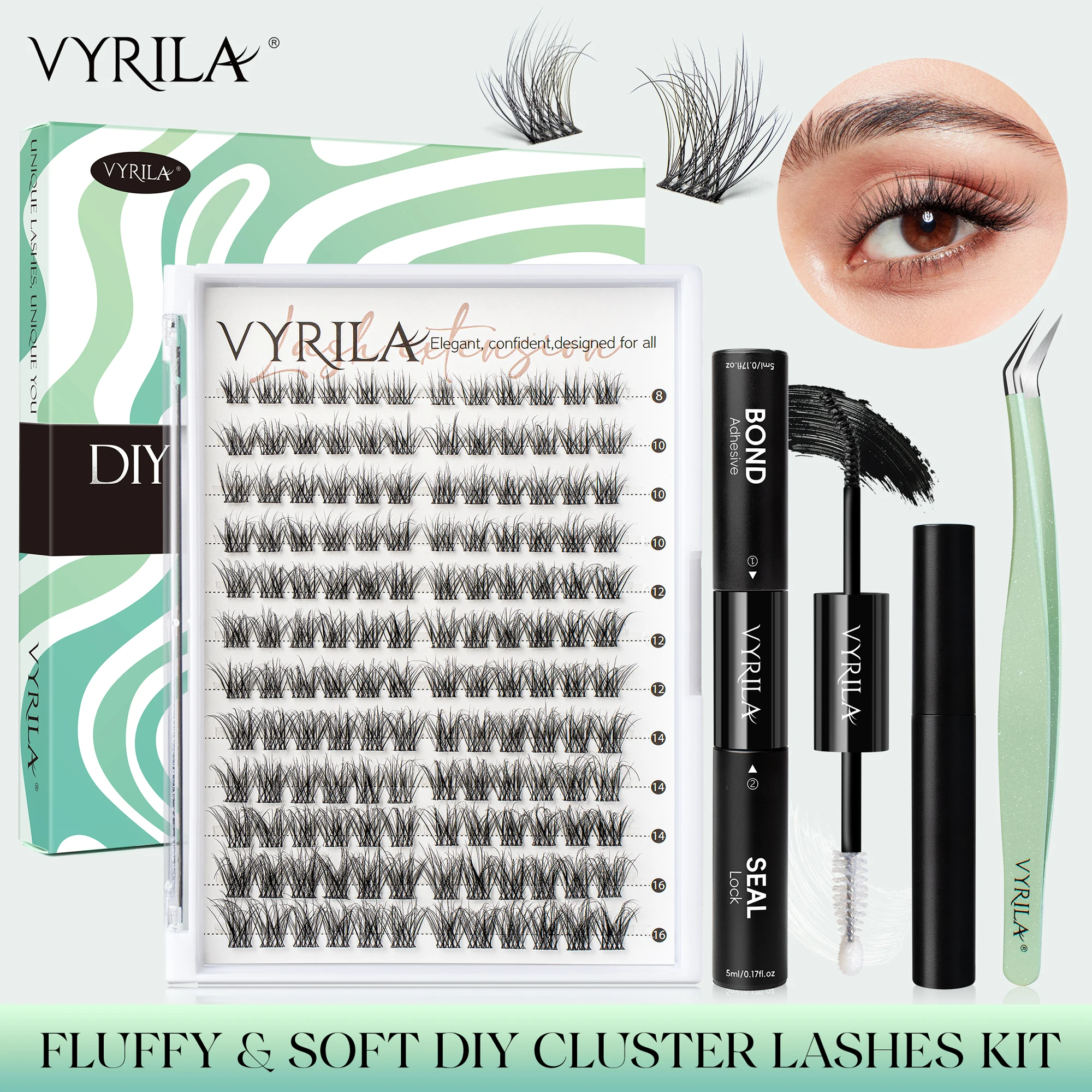 VYRILA Lash Clusters Kit DIY Natural Wispy Lashes Clusters Eyelash Extension Kit with Eyelash Bond and Seal Remover & Tweezers