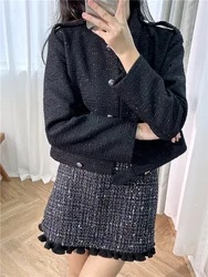 Women Black Tweed Jacket Shoulder Buttons Single Breasted Stand Collar Long Sleeve Fashion Spring 2024 Coat