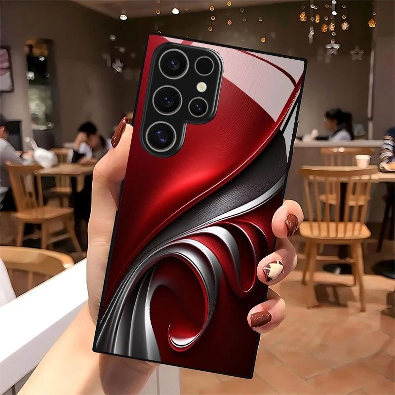 Red black gold abstract art pattern glass phone case suitable for Samsung Galaxy S26 S25 S24 S22 S21 S20 FE/Ultra/Plus anti drop