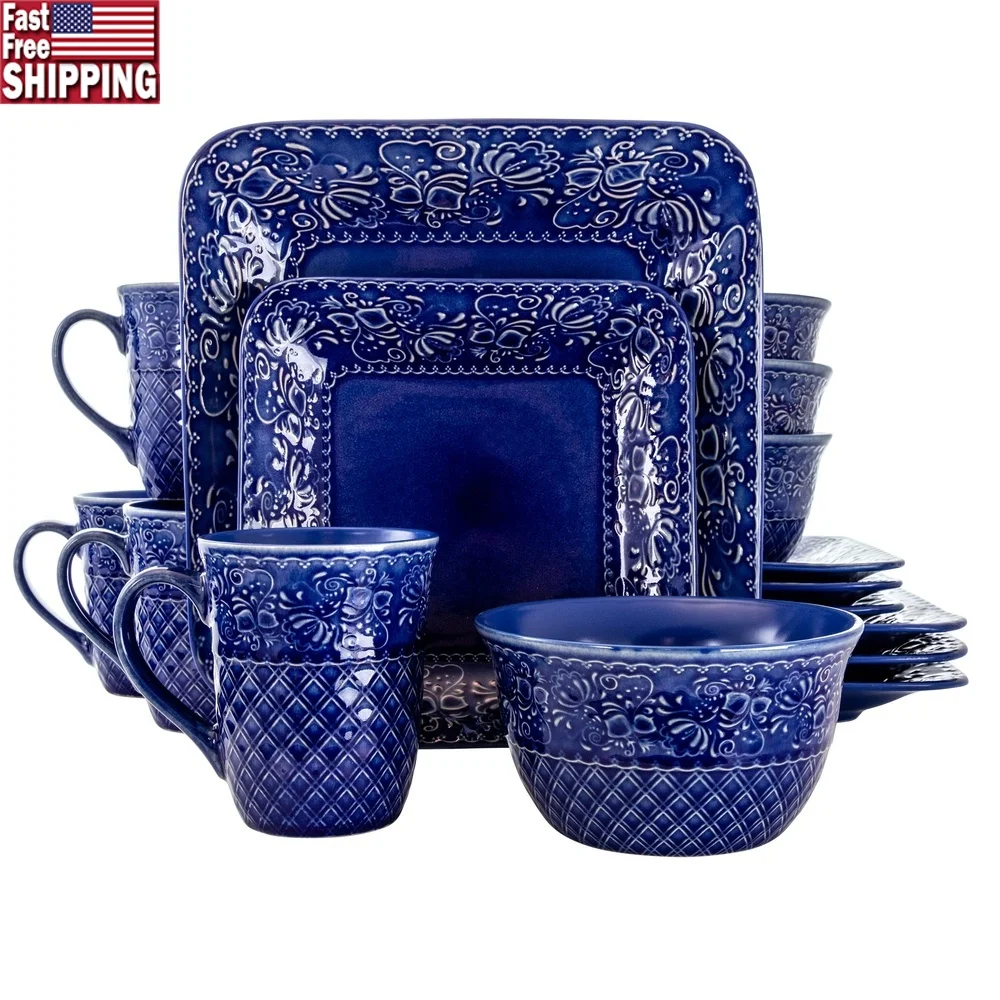 

Indigo Lotus 16 Piece Square Dinnerware Set Durable Stoneware Dishware Glossy Finish Microwave Dishwasher Safe Elegant Baroque