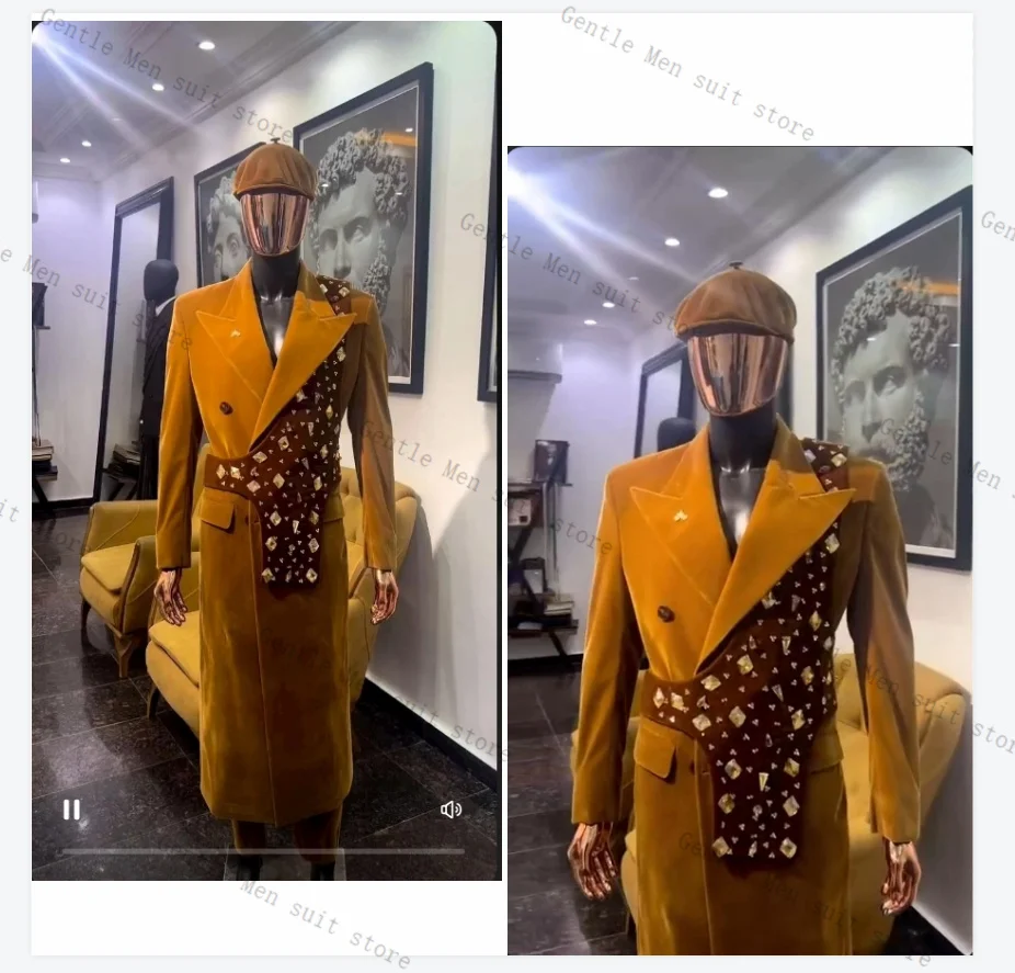 

Luxury Crystals Velvet Men Suit 1Pcs Long Blazer King Coat Wedding Tuxedo Formal Office Jacket Prom Party Coat Customized