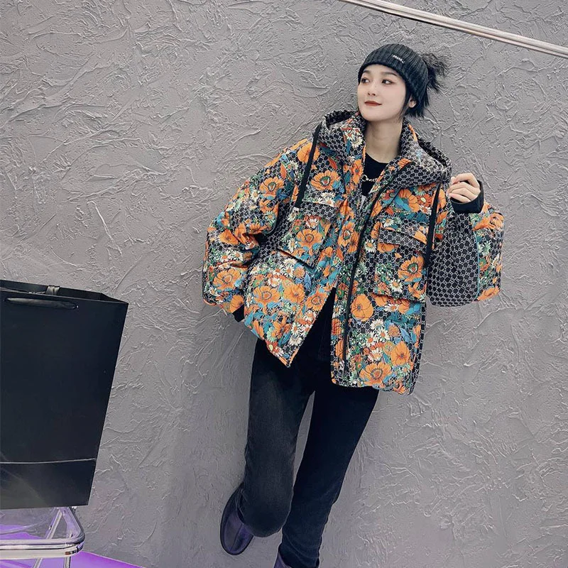 Short Down Jacket for Women, Printed Hooded Parka, Loose Coats, Warm Winter Parka, Light Weight, Fashion,