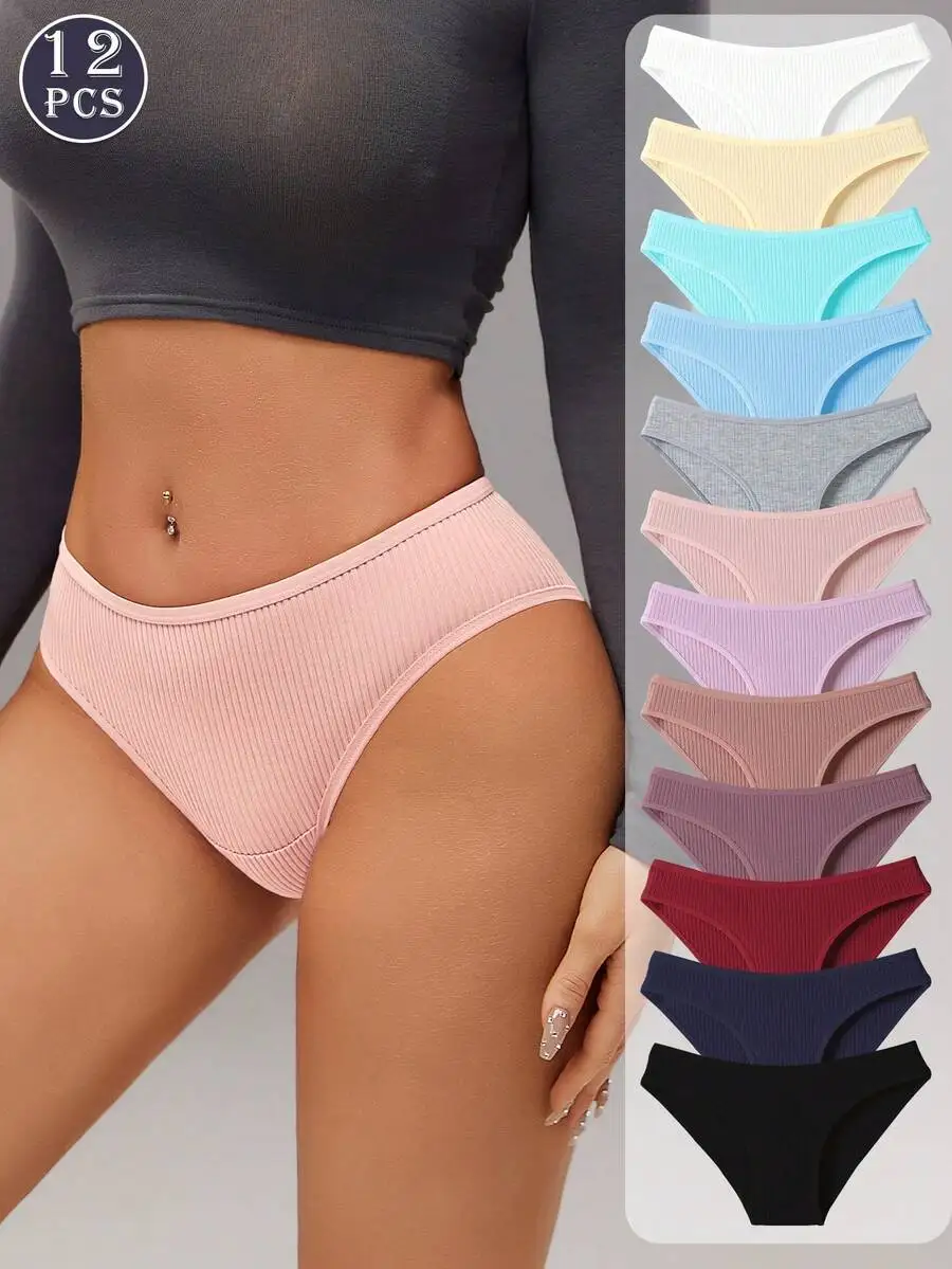 

12pcs Solid Soft Ribbed Briefs Women Full Coverage Seamless Cotton Blend Underwear