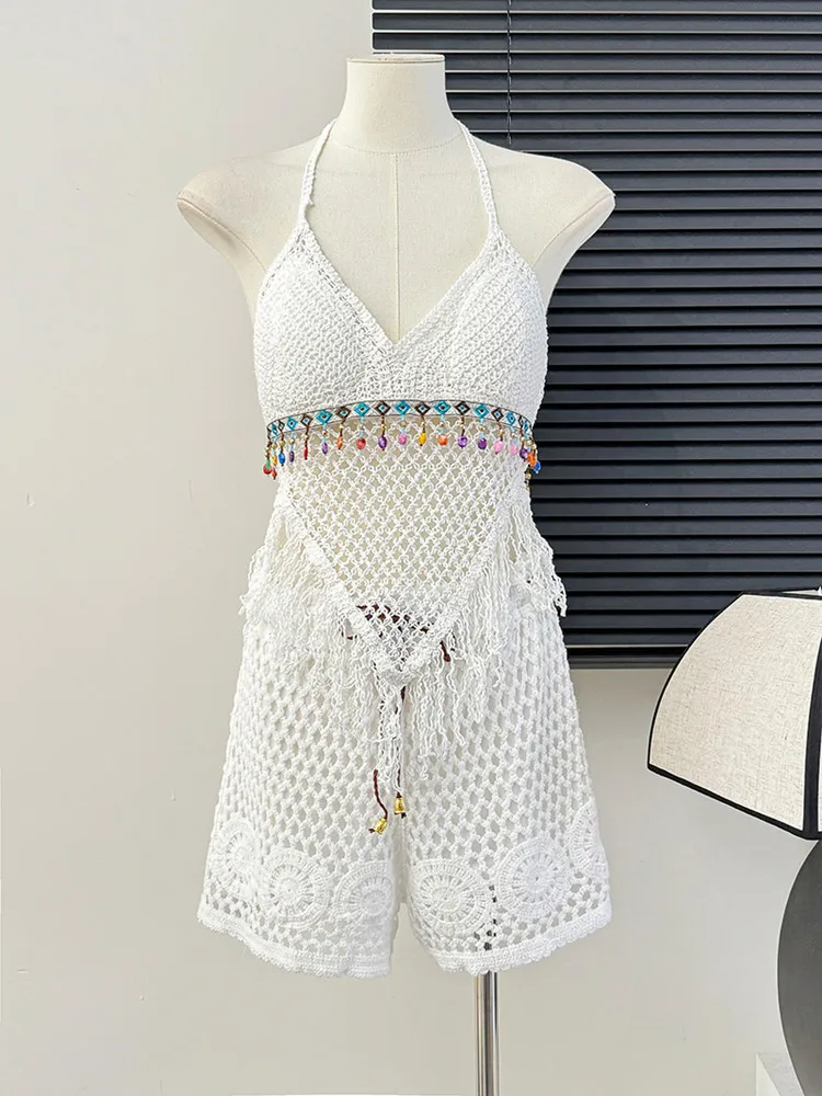 Summer New Beach Holiday Sweet Lace Cardigan Shawl Tassel Halter Top Hollow Shorts Three-Piece Set Female Fashion Outfits