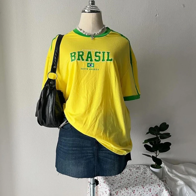 Brazil Letter Print Green T-shirt Women Summer Harajuku Casual Short Sleeve Y2k Crop Top Grunge Aesthetic Streetwear Sexy Tees