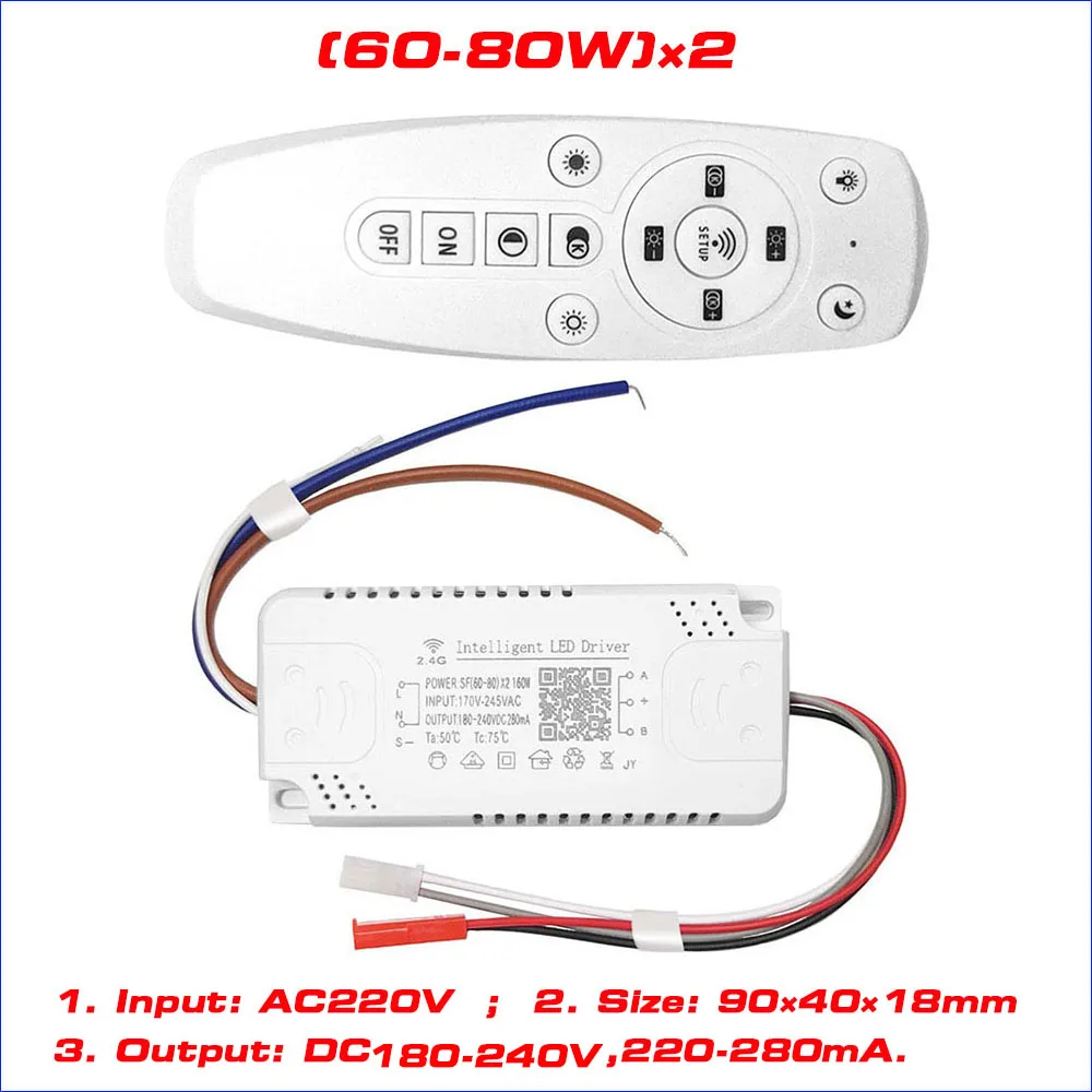 Dimmable Driver LED Inteligente, Chandelier Transformer, Fonte de Alimentação, 2.4G Remoto, Controle App, AC 220V, 20-40W × 2, 40-60W × 4