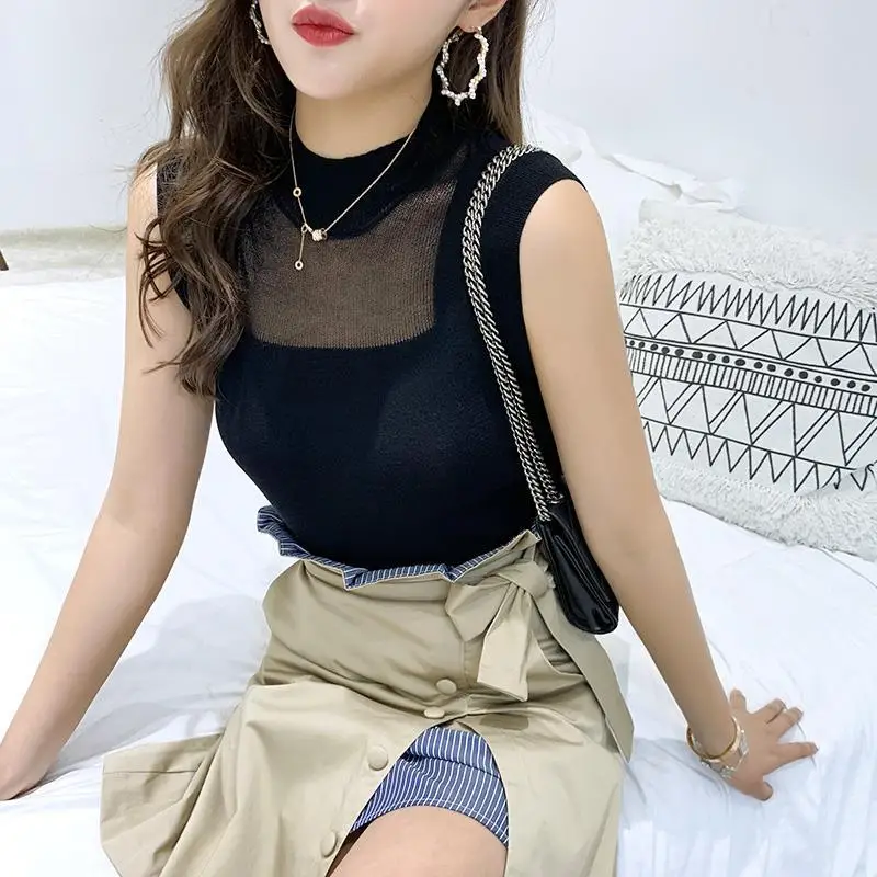 Sleeveless Tank Tops Vest Women Summer Lce Silk Sexy Knitted Top Sleeveless Casual Elasticity Solid Slim Pullover Vests Shirt