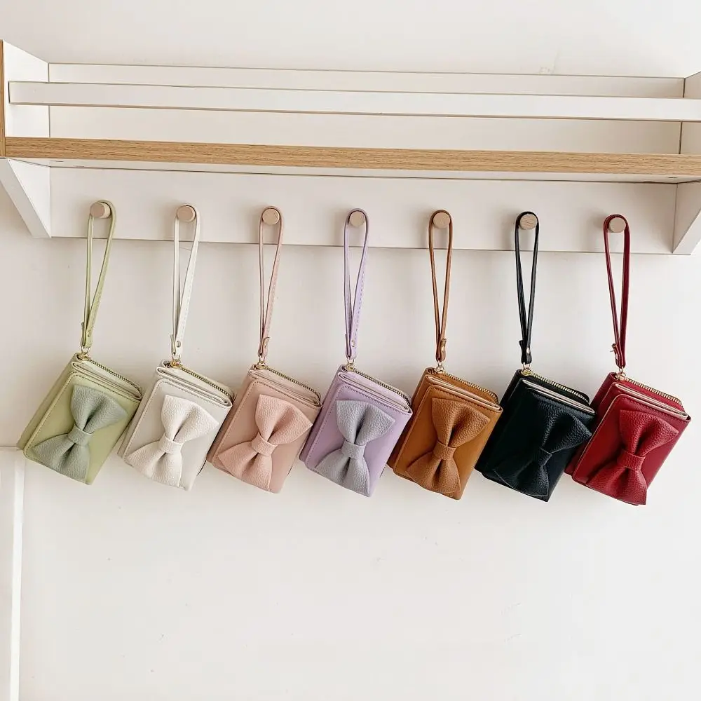 

Cute Pu Leather Bow Short Wallet Multifunctional Coin Purse Triple Fold Wallet Card Bag Korean Style Card Holder Outdoor