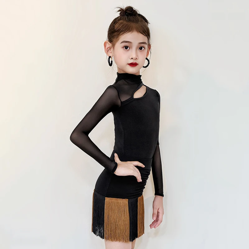 2025 New Latin Dress For Girls Black Performance Clothes Long Sleeve Bodysuit Fringe Skirt Kid Competition Stage Outfit