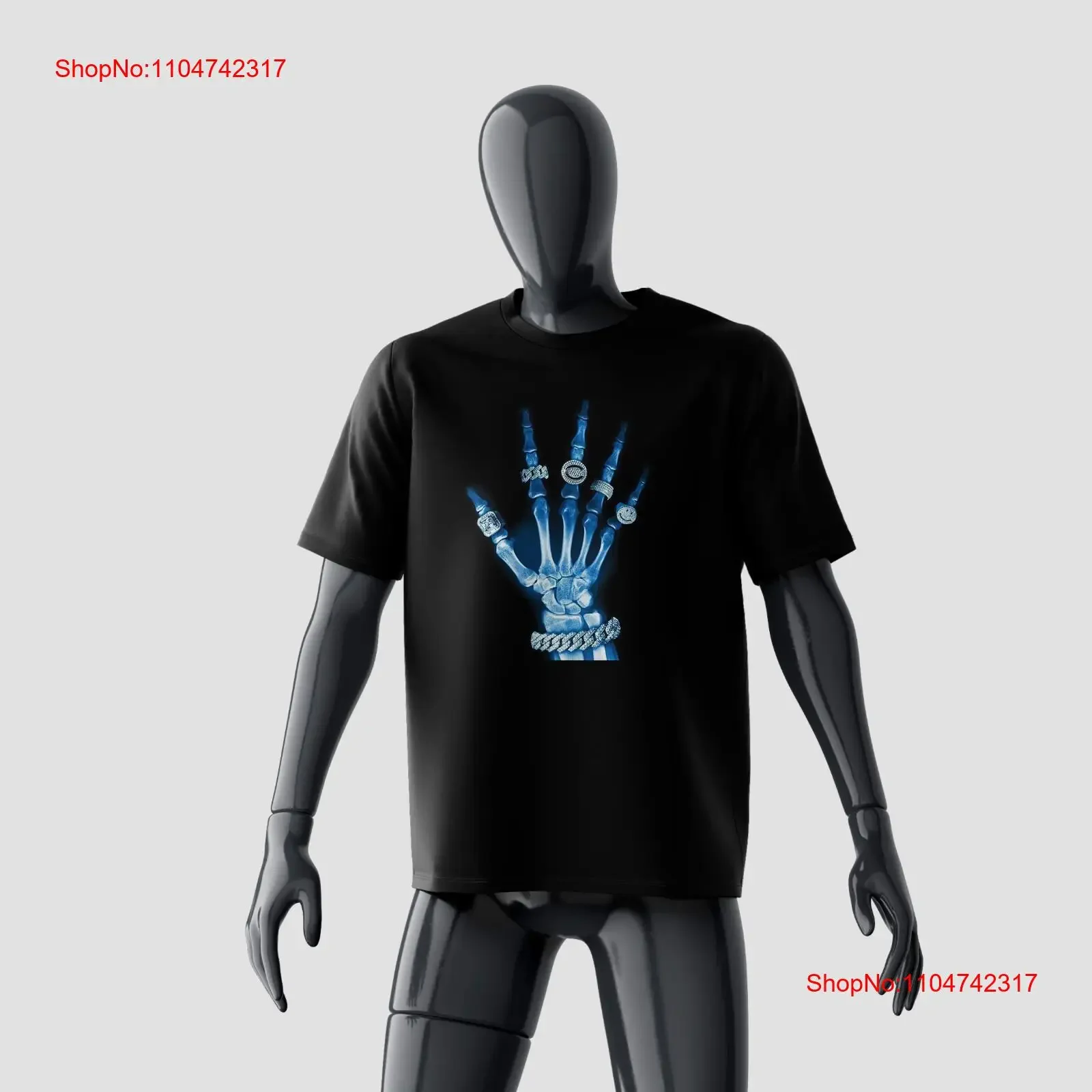 Néon squelette main t-shirt bleu imprimé coton lourd vintage lavé vêtements de créateur homme décontracté étiré mode streetwear