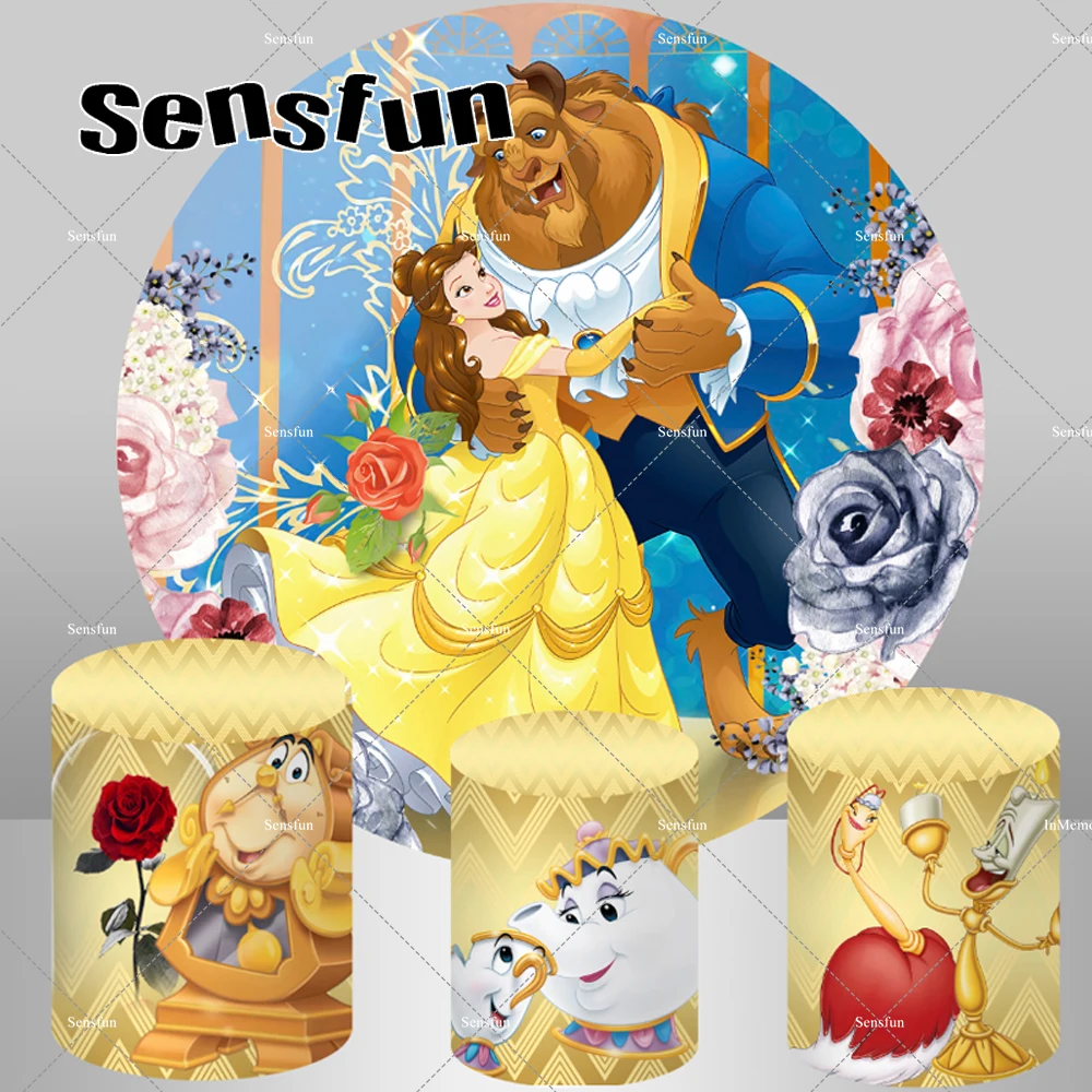 

Beauty and The Beast Princess Belle Round Backdrop Flowers Girls Happy Birthday Party Circle Background Pedestal Covers