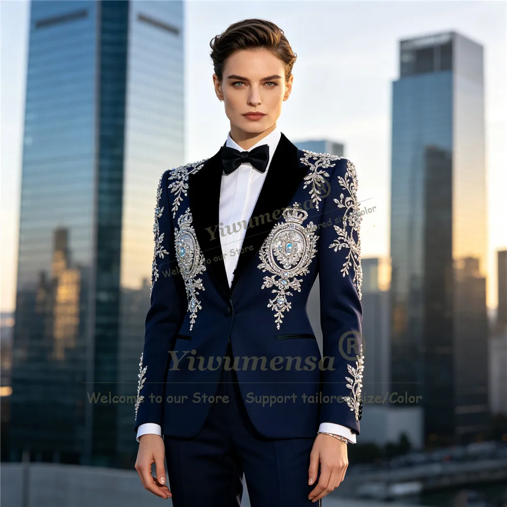 Unique Design Women Suits Sliver Beading Crystals Sequin Jacket Pants 2 Pieces Lady Business Tuxedo Customized Female Clothing
