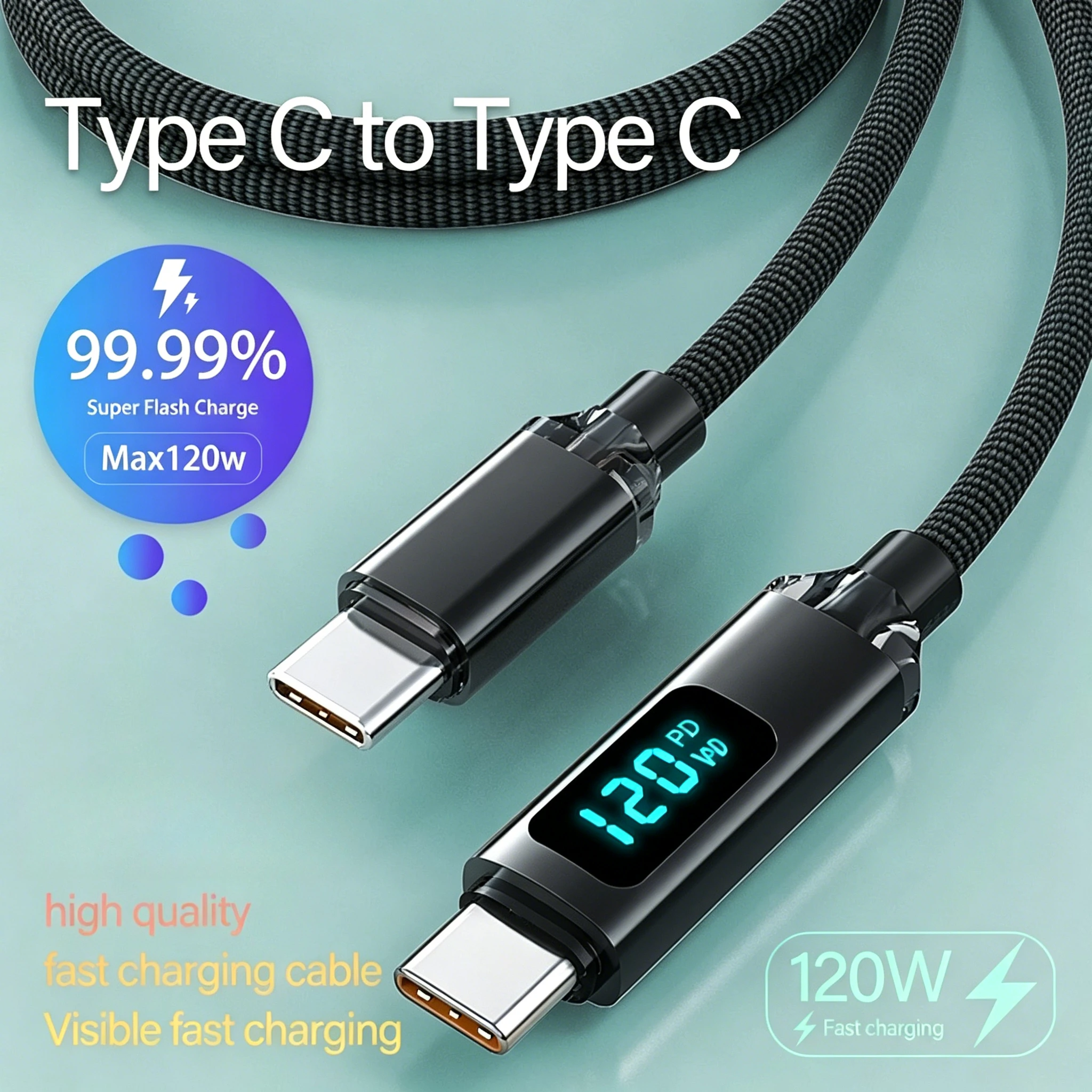 1/1.5/2M 120W Type C to USB C Data Cable Fast Charging Cords For OPPO Realme Huawei Poco Samsung iPhone 15 16 PD Display Cables