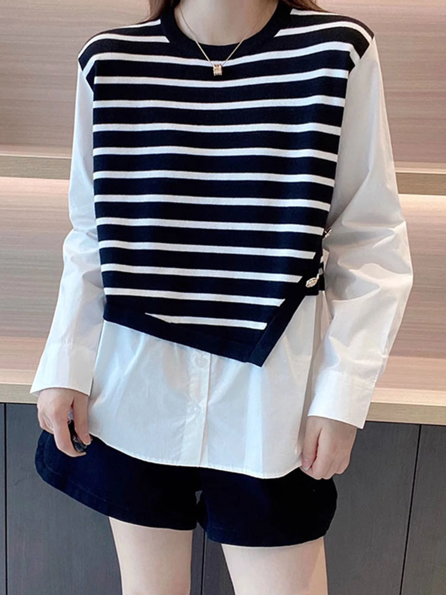 Korean Sle Knitted Patchwork Loose Long Sve Commute Top Women's Faionable Boting irt Autumn Seasonal Clothing