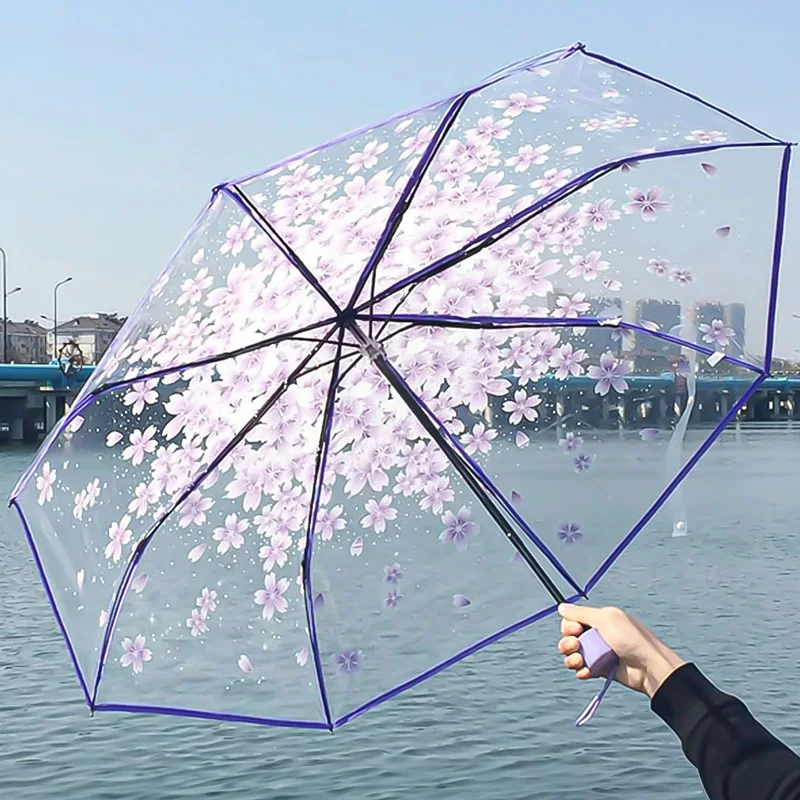 Korean Umbrella Cute Mini Fresh and Three-Fold Japanese Cherry Blossom Transparent Umbrella, Rainproof and Windproof