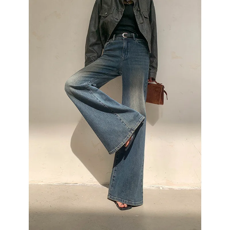 American Retro Washed Blue Jeans Women's 2026 Autumn New Fashion Slim-fit Micro-speaker Mopping Wide-leg Pants
