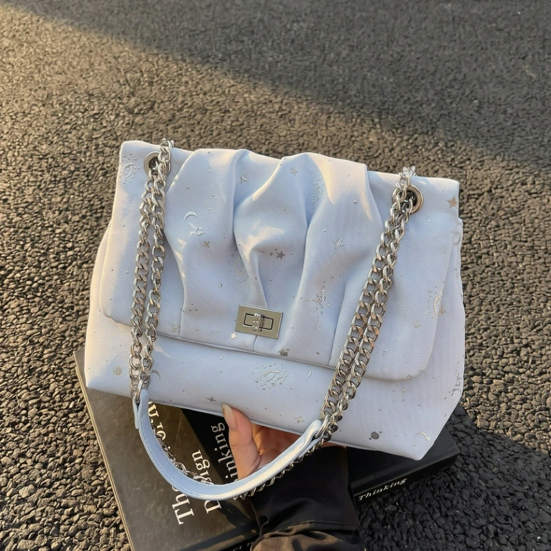 New PU Star Print Pleated Cloud Tote Bag Large Capacity Small Square Bag Fashion Flip Cover Chain Women Shoulder Crossbody Bag