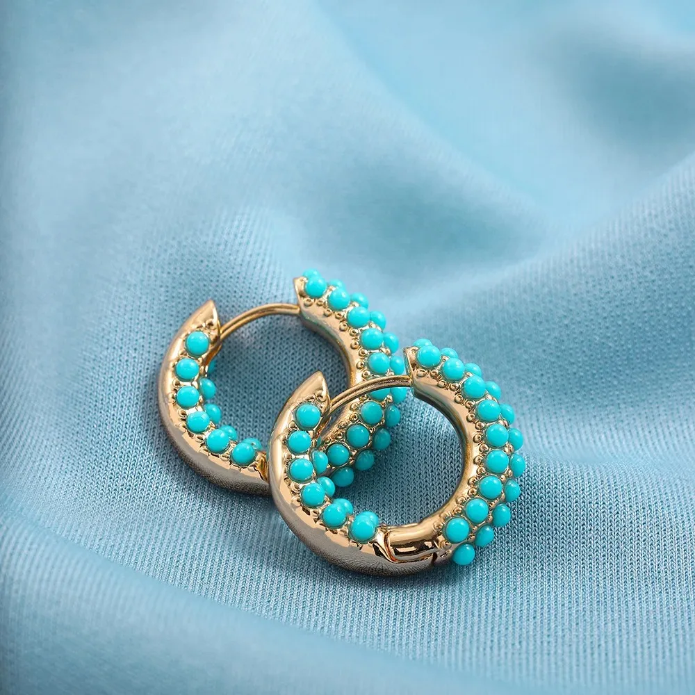 New Fashion Round Beads Hoop Earrings Women Fashion Elegant Gold color Green Stone Earrings Boho Party Huggies Jewelry Gift