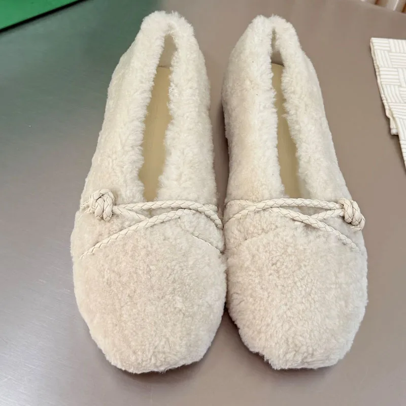 High Quality Warm Women Wool Flats For Winter Comfort Casual Slip On Flat Heel Pumps For Lady Walk Wool Bowtie Flats