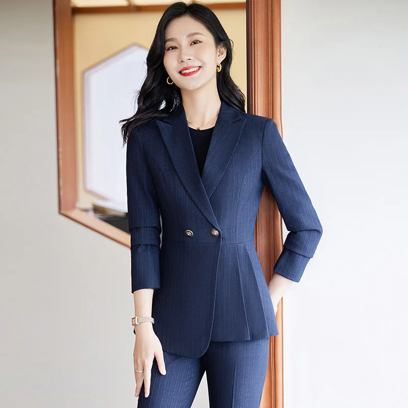 23Spring and Autumn New Striped Blue Long Sleeved Small Suit Collar Jacket Women's Pants Professional Commute Two-Piece Suit