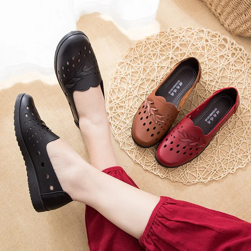 BEYARNESummer shoes women breathable flat shoes leather loafers woman flat shoes classic hole woman