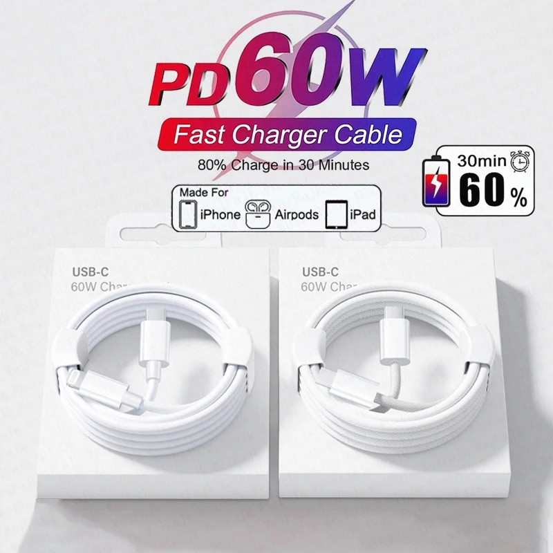 For Apple Original 60W Fast Charging Charger Cable For iPhone 17 16 15 14 13 12 11 Pro Max Type C Lightnings Charge iPhone Cable