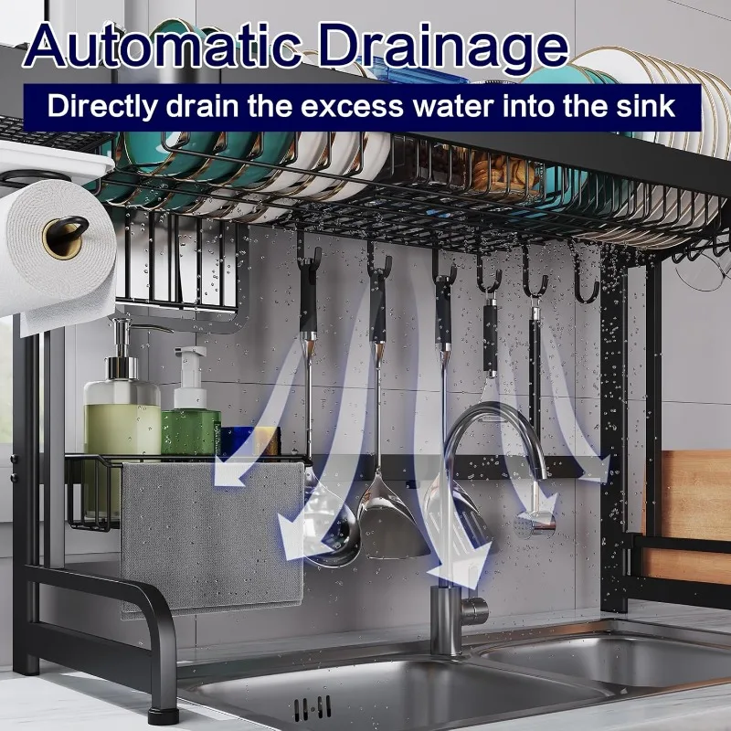 Large Over Sink Dish Rack: Full Stainless Steel Dish Drying Rack Over The Sink-Adjustable (25.6-37.6in) Width Kitchen Organizers