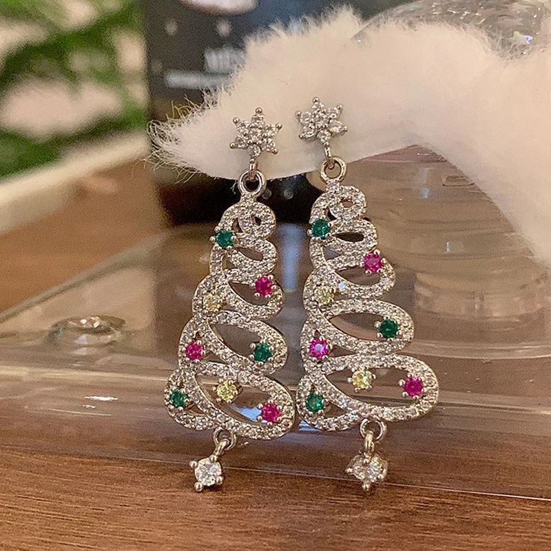 Weihnachtsbaum Ohrringe für Frauen Strass Zirkon Weihnachtsbaum Tropfen ästhetische geometrische Quaste Weihnachten Neujahr Ohrringe – Detail 6