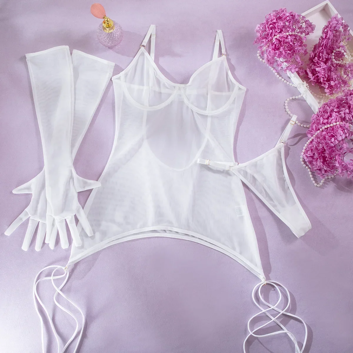 

Sexy Solid Mesh Open Back Perspective Bodysuit with Rope Gloves Three Piece Set for Women See Though Fun Lingerie Intimates Suit