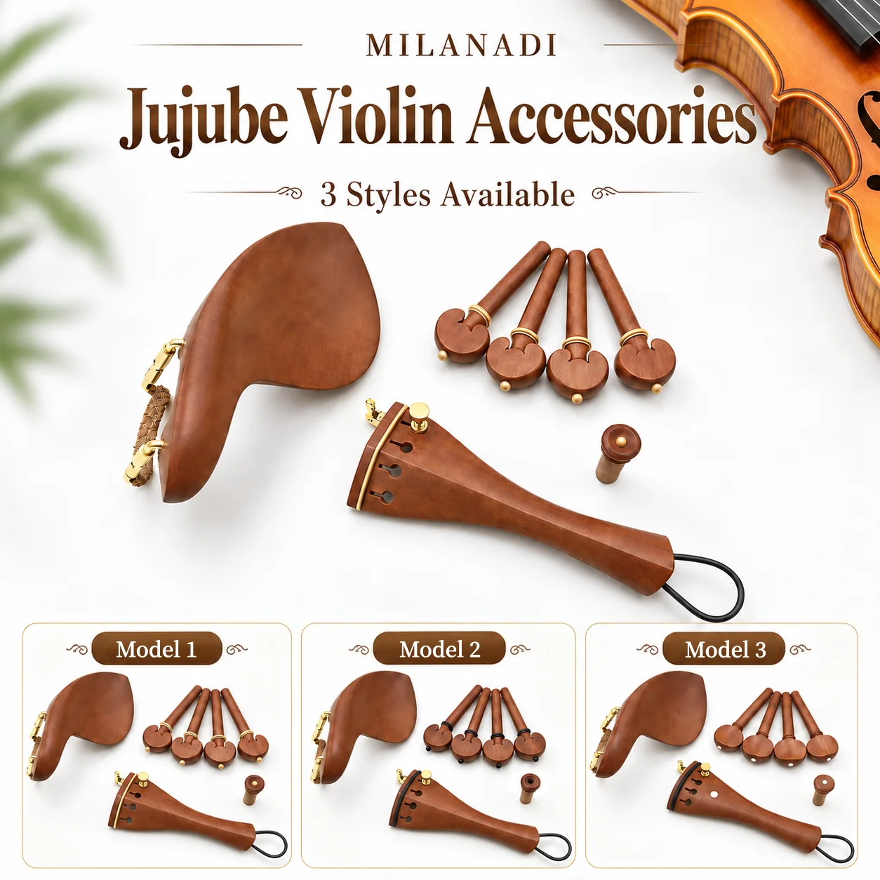 1 set of Violin Tailpiece, Tuning Pegs, Endpins, Chin rest, Chin Holder, Fiddler, Jujube Wood Accessories, Parts and Fittings