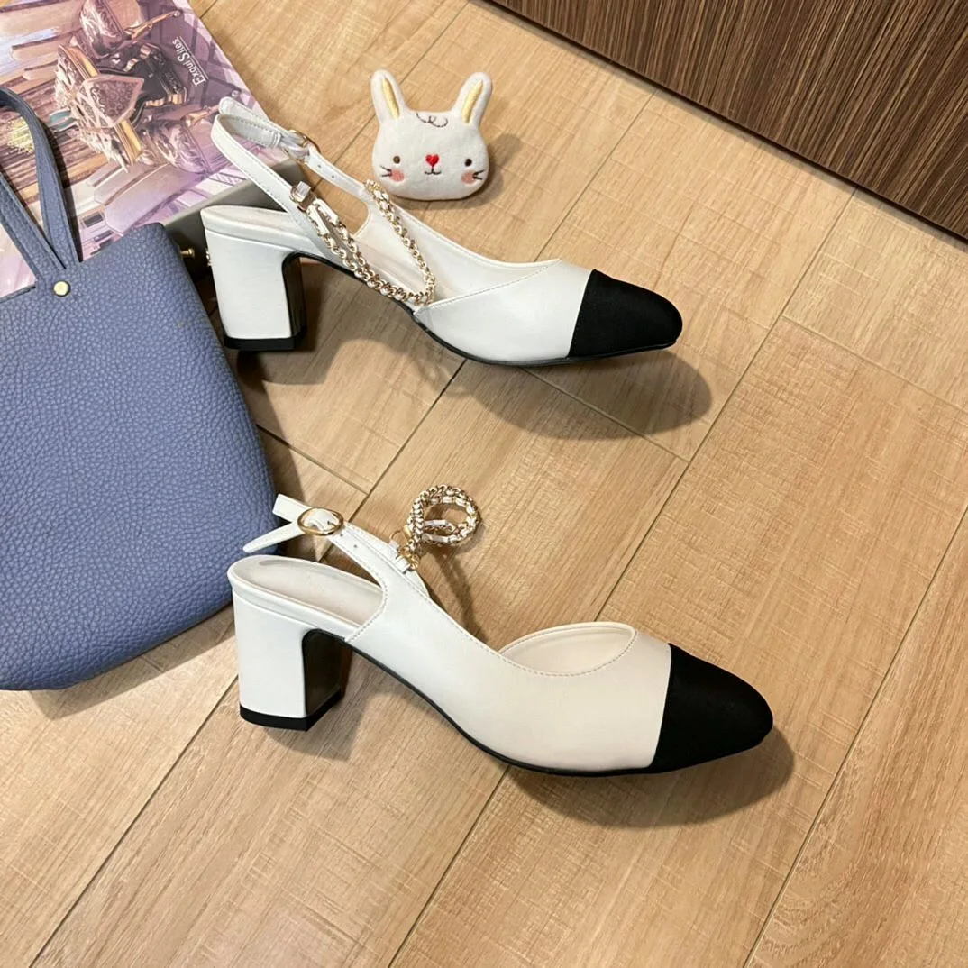 Women Slingback Pumps Two Tone Black White Block Heel Sandals Metal Chain Decor Square Toe Backless Leather Office Party Dress Shoes For Ladies