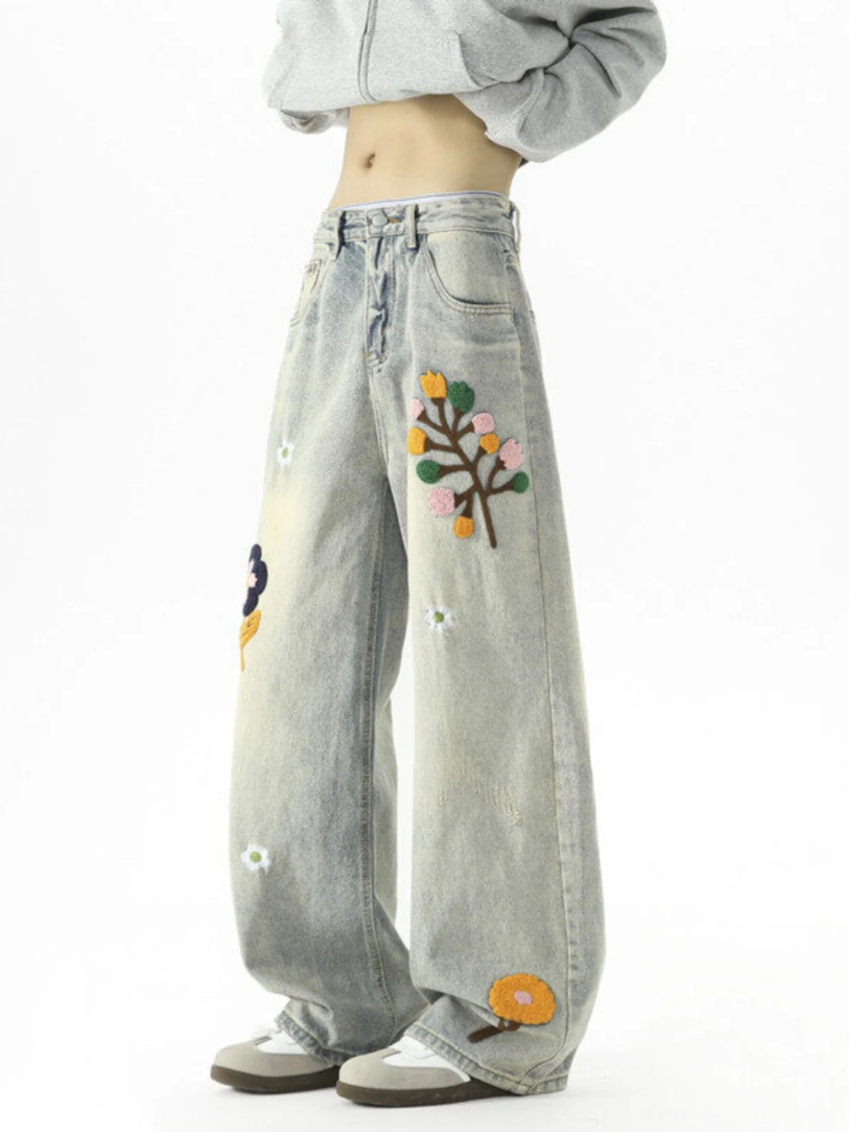 

Blue Floral Embroidered Washed Straight Leg Jeans Men's Spring Autumn High Street Wide Leg Pants Cleanfit Durable Standard Fit