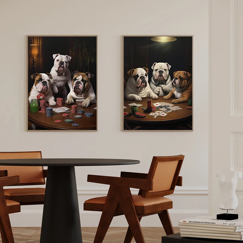 Animal Funny English Bulldog Playing Poker Smoke Bar Poster Print Wall Art Pictures Canvas Painting Living Room Home Decor Gift