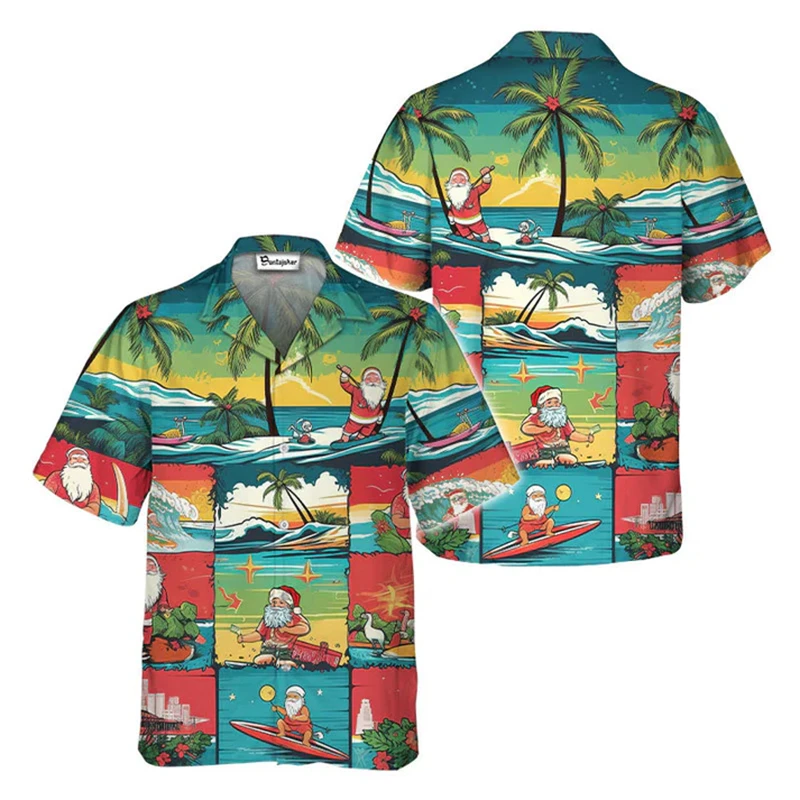 Hawaii Surf Santa Claus Shirt Men's Vacation Clothing  Single Breasted Short Sleeve Tee Shirt Merry Christmas Trend Blouse Top