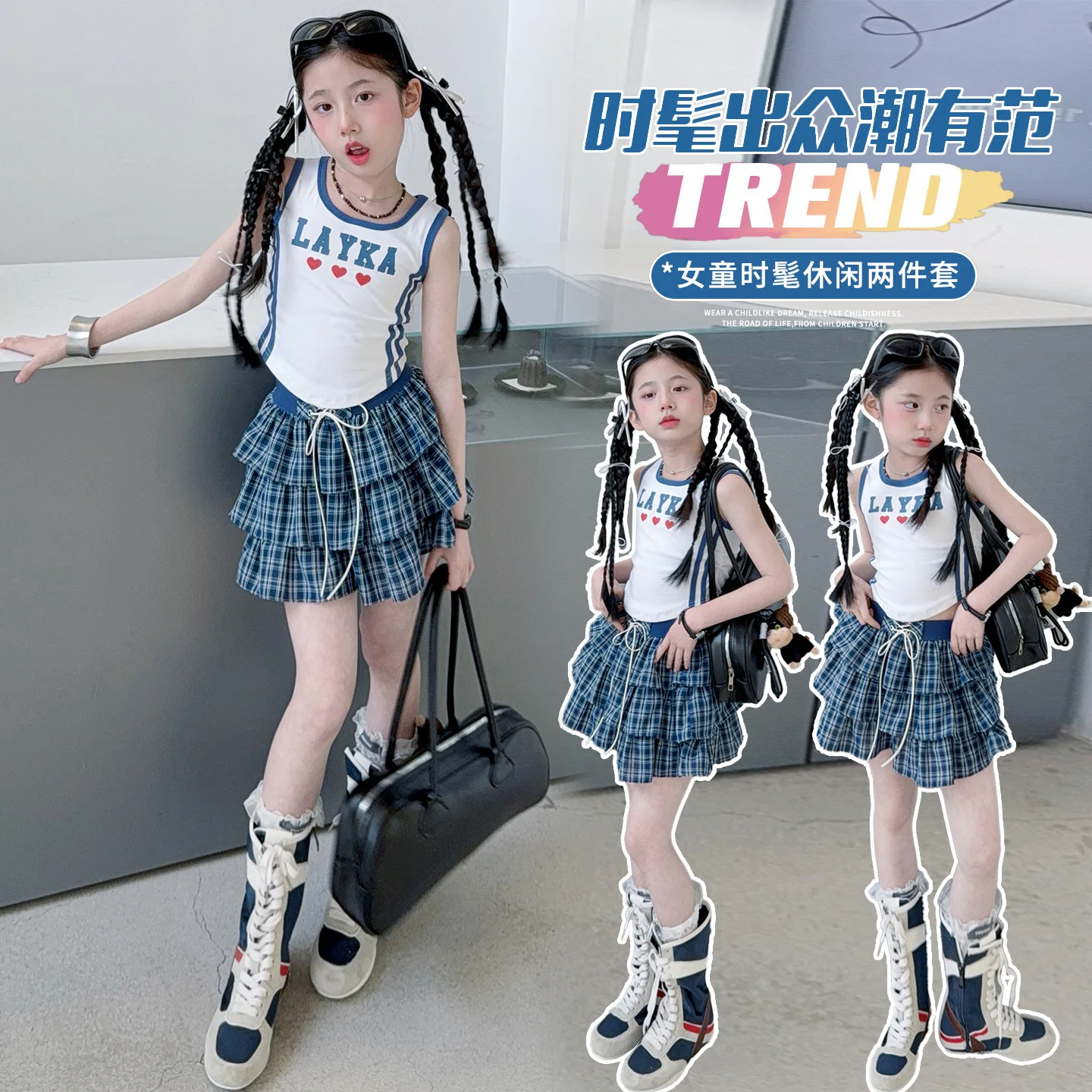 

Baby Girls Y2k American Preppy Style Clothes Set with Ruffled Plaid Skirt And Vest Sporty Subculture Cake Skirts for Ages 4-14Y
